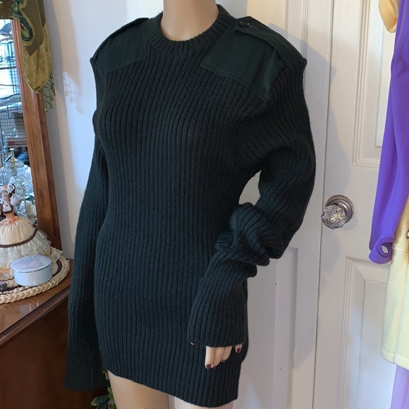 Vintage 80s 100% virgin wool green Combat crew neck sweater pullover unisex M - Picture 11 of 13